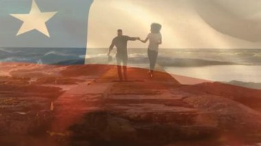 Sahildeki Afro-Amerikan çifti yerine Şili bayrağının animasyonu. Vatanseverlik ve kutlama konsepti dijital olarak oluşturulmuş video.