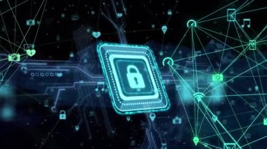 Bilgisayar devre kartı üzerinden çevrimiçi güvenlik asma kilidi bağlantısı animasyonu. küresel hesaplama, veri işleme, teknoloji ve dijital arayüz kavramı dijital olarak oluşturulmuş video.