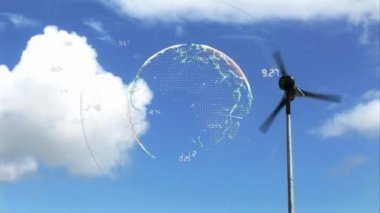 Rüzgâr türbininin üzerinde sayılar olan küre animasyonu. küresel iş ve dijital arayüz kavramı dijital olarak oluşturulmuş video.