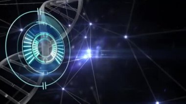 Siyah arkaplan üzerinde işlem çemberi ve DNA zincirinin canlandırılması ve takımyıldızları. veri işleme, bağlantılar, bilim ve teknoloji konsepti dijital olarak oluşturulmuş video.