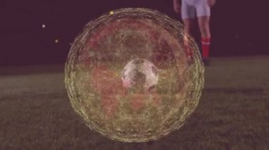 Kafkasyalı erkek futbolcunun bacakları üzerinde dönen dünya bağlantılarının animasyonu. global spor, bağlantılar ve teknoloji konsepti dijital olarak oluşturulmuş video.