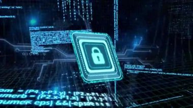 Bilgisayar devre kartının üzerindeki çevrimiçi güvenlik asma kilidiyle veri işleme animasyonu. küresel hesaplama, veri işleme, teknoloji ve dijital arayüz kavramı dijital olarak oluşturulmuş video.