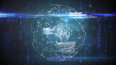 Küresel ve bağlantı ağının animasyonu ve mavi arkaplan üzerinde veri işleme. küresel bağlantılar, iş ve veri işleme kavramı dijital olarak oluşturulmuş video.