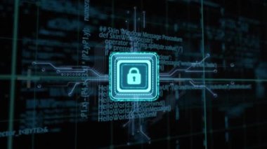 Bilgisayar devre kartının üzerindeki çevrimiçi güvenlik asma kilidiyle veri işleme animasyonu. küresel hesaplama, veri işleme, teknoloji ve dijital arayüz kavramı dijital olarak oluşturulmuş video.