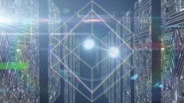 Mavi arkaplandaki veri işleme ve şekillerin canlandırılması. küresel teknoloji ve dijital arayüz kavramı dijital olarak oluşturulmuş video.