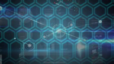 Altıgenli siyah ekran üzerinden çeşitli finansal verilerin ve bağlantıların animasyonu. küresel finans, ekonomi, teknoloji ve dijital arayüz kavramı dijital olarak oluşturulmuş video.