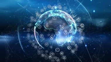 Dünya üzerindeki simgelerle bağlantı ağının animasyonu. küresel bağlantılar, dijital arayüz ve ağ konsepti dijital olarak oluşturulmuş video.