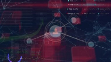 Kırmızı ekranın üzerinde çeşitli finansal veriler bulunan simgelerle bağlantı ağının animasyonu. küresel finans, ekonomi, teknoloji ve dijital arayüz kavramı dijital olarak oluşturulmuş video.