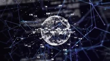 Bağlantılar ve veri işleme ağı üzerinden dünyanın animasyonu. küresel teknoloji, veri işleme ve dijital arayüz kavramı dijital olarak oluşturulmuş video.