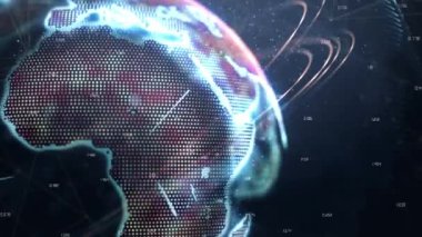 Mavi arka planda şekilleri olan küre animasyonu. küresel iş ve dijital arayüz kavramı dijital olarak oluşturulmuş video.