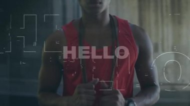 Çift ırklı sporcu üzerinden merhaba mesajı animasyonu. global sporlar, sağlıklı yaşam tarzı ve dijital arayüz konsepti dijital olarak oluşturulmuş video.