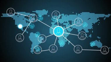 Dünya haritasındaki insan simgeleriyle bağlantı ağının animasyonu. küresel ağ, hesaplama, veri işleme ve dijital arayüz kavramı dijital olarak oluşturuldu.