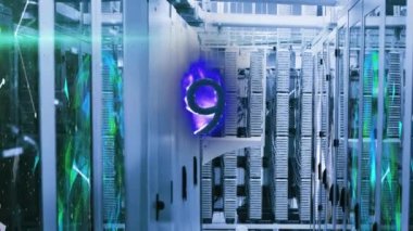 Sunucu odasının üzerinde şekil ve 9 numara animasyonu. küresel teknoloji ve dijital arayüz kavramı dijital olarak oluşturulmuş video.