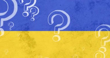 Ukrayna bayrağında dalgalanan soru işaretlerinin animasyonu. Ukrayna krizi ve uluslararası politika kavramı dijital olarak oluşturuldu.