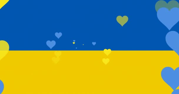 Animation Blauer Und Gelber Herzen Die Über Der Ukrainischen Flagge — Stockvideo