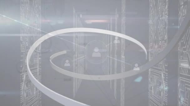 Анімація Стрічки Єднання Піктограмами Над Інтегральними Схемами Серверах Глобальний Інтернет — стокове відео