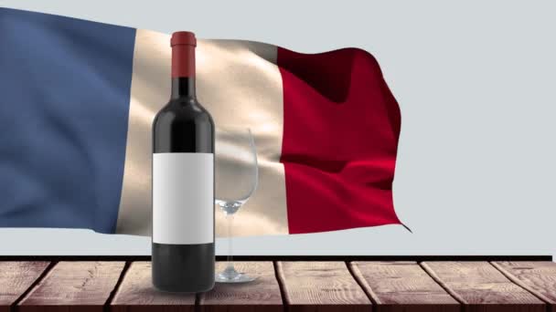 Animación Botella Vino Tinto Copa Bandera Francia Ondeando Sobre Fondo — Vídeo de stock