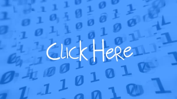 Animation Click Here Text Binary Coding Blue Background Social Media — Stock Video