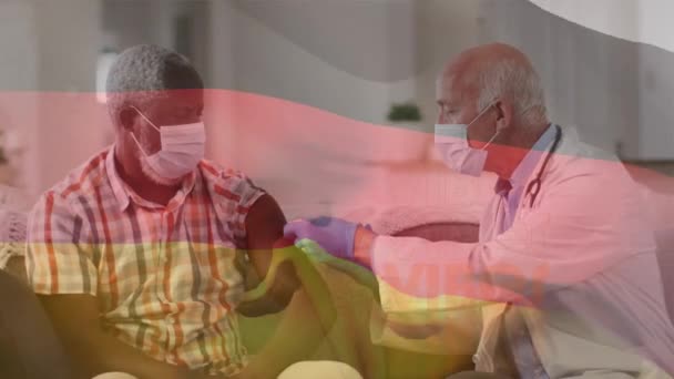 Animación Vibraciones Bandera Alemania Sobre Diversos Médicos Masculinos Vacunando Pacientes — Vídeos de Stock