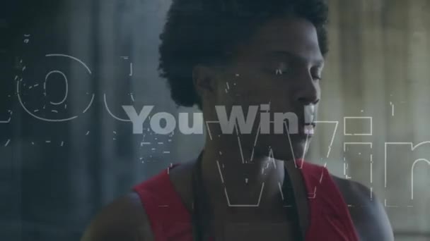 你的动画赢得了文字和干扰的比利西亚运动员 全球体育 健康生活方式和数码视讯接口概念 — 图库视频影像