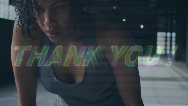 Animacja Podziękowań Nad Afrykańską Amerykańską Sportowczynią Siłowni Globalne Sporty Zdrowy — Wideo stockowe