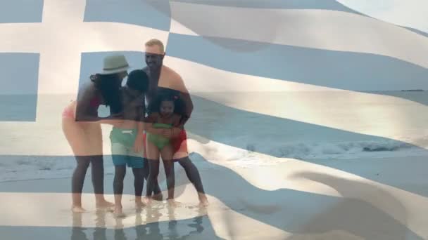 Animation Drapeau Grèce Sur Famille Caucasienne Plage Patriotisme Concept Célébration — Video