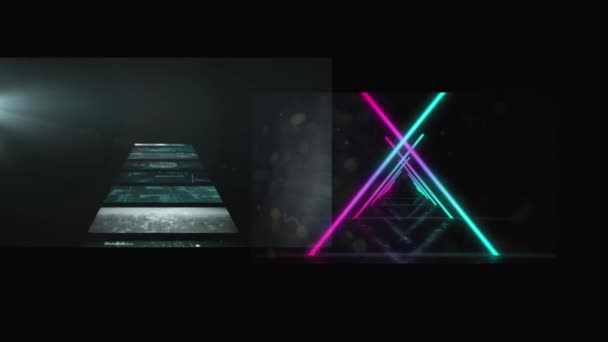 Animace Různých Dat Obrazovkách Neonových Trojúhelnících Pohybujících Černém Pozadí Barevný — Stock video
