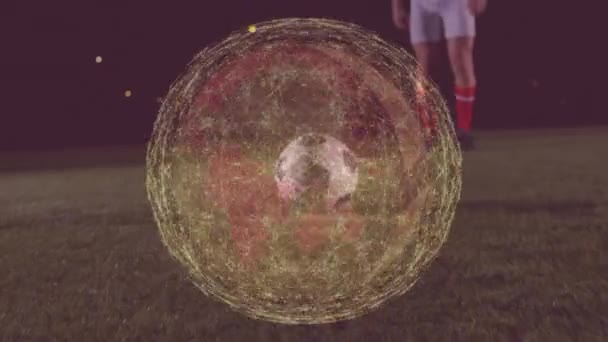 Animation Globe Rotating Network Connections Legs Caucasian Male Soccer Player — Stock Video