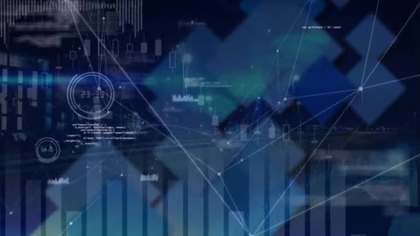 Animacja Sieci Danych Finansowych Wykresów Dotyczących Przetwarzania Danych Niebieskim Ekranie — Wideo stockowe