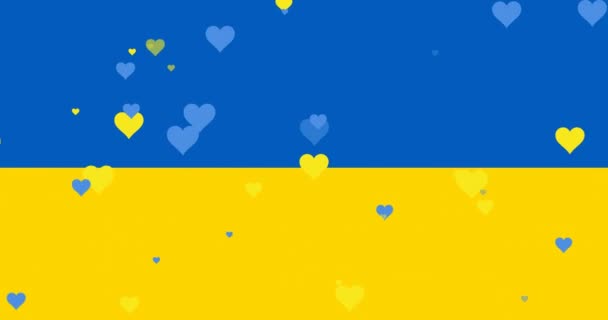 Animering Blå Och Gula Hjärtan Svävar Över Flaggan Ukraina Ukrainska — Stockvideo