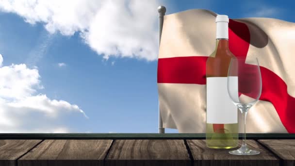 英国の白ワイン ガラス 旗のボトルのアニメーションが雲を背景に手を振っています ワインビジネス 地域の製品コンセプトデジタルで生成されたビデオ — ストック動画
