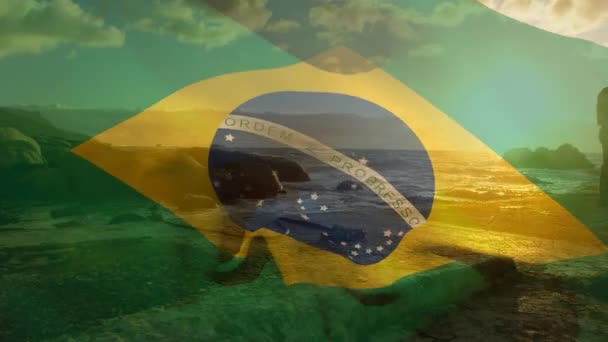 Animation Flag Brasil African American Couple Beach Patriotism Celebration Concept — Stock Video