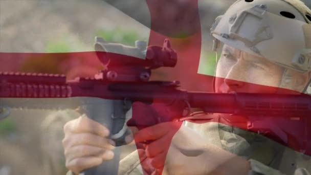 Анімація Прапора Англії Над Кавказьким Солдатом Чоловіком Зброєю Анімація Прапора — стокове відео