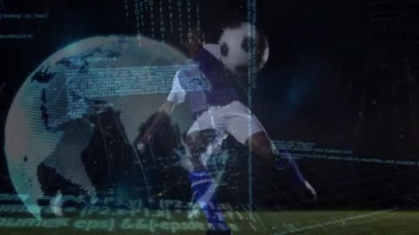 Animation Rotation Globe Traitement Des Données Sur Footballeur Afro Américain — Video