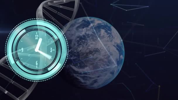 Animazione Orologio Movimento Catena Dna Globo Sfondo Nero Tempo Connessioni — Video Stock