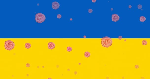 Animace Růžových Růží Vznášejících Nad Vlajkou Ukrajiny Ukrajinská Krize Podpora — Stock video