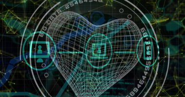 Büyük verileri, kalp şekilli bağlantıları ve veri işlemesi olan dijital simgelerin görüntüsü. küresel hesaplama ve veri işleme kavramı dijital olarak oluşturulmuş resim.