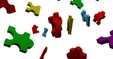 Beyaz arkaplana düşen renkli yapboz parçaları. Ulusal yapboz günü ve dijital olarak oluşturulan görüntü konsepti.