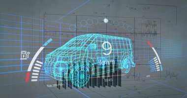 Dijital kamyon modeli üzerinden finansal veri işleme ve araba paneli görüntüsü. küresel finans, iş ve dijital arayüz kavramı dijital olarak oluşturulmuş görüntü.