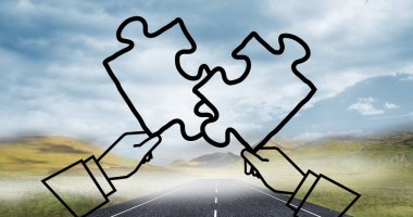 Gökyüzü ve bulutların üzerindeki siyah yapboz parçaları. Ulusal yapboz günü ve dijital olarak oluşturulan görüntü konsepti.