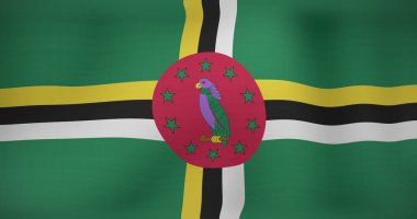 Dominica dalgalanmasının hareket eden bayrağı. Ulusal vatanseverlik ve kutlama konsepti dijital olarak oluşturulmuş imaj.