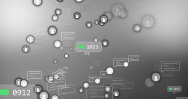 Gri arkaplandaki ortam simgelerinin resmi. Sosyal medya ve iletişim arayüzü kavramı dijital olarak oluşturulmuş görüntü.