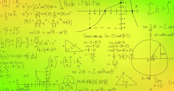 Bild Handskrivna Matematiska Formler Över Gul Bakgrund Vetenskap Matematik Och — Stockfoto