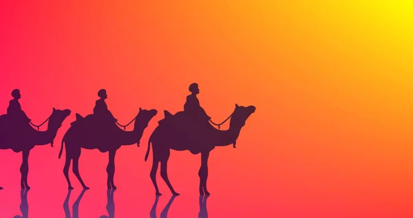 Imagen Tres Hombres Sabios Camellos Sobre Brillante Fondo Amarillo Rojo —  Fotos de Stock