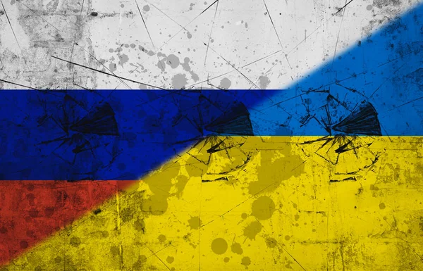 Samengestelde Afbeelding Van Vlaggen Van Rusland Ukraïne Geschilderd Beschadigde Muur — Stockfoto