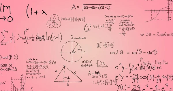 Imagem Fórmulas Matemáticas Escritas Mão Sobre Fundo Rosa Conceito Ciência — Fotografia de Stock