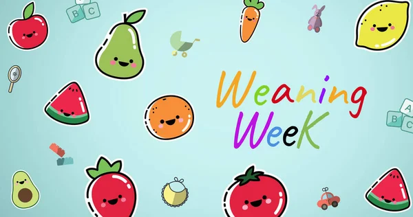 Image of cartoon fruits and vegetables moving over blue background and weaning week text. healthy food, cooking and weaning week concept digitally generated image.