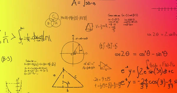 Image Hand Written Mathematical Formulae Yellow Red Background Science Mathematics — Stock Photo, Image