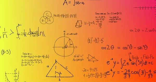 Imagem Fórmulas Matemáticas Escritas Mão Sobre Fundo Amarelo Vermelho Conceito — Fotografia de Stock