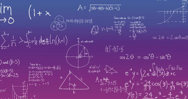 Imagem Fórmulas Matemáticas Escritas Mão Sobre Fundo Azul Roxo Conceito — Fotografia de Stock